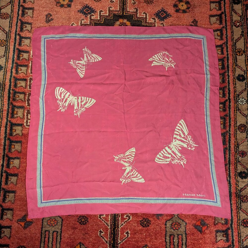 Hanae Mori 100% silk scarf - Magenta with Cream butterflies and HM pattern